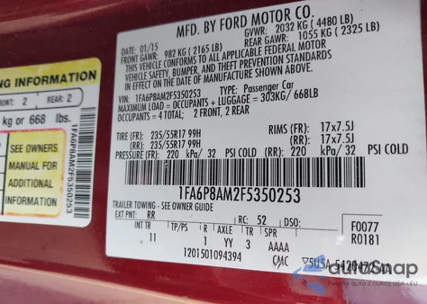 2015 Ford Mustang V6 z USA, uszkodzony, nr VIN 1FA6P8AM2F5350253